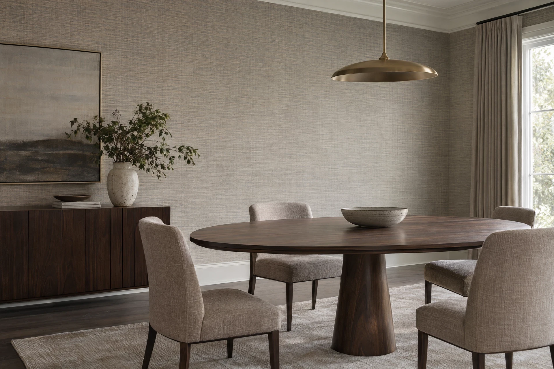 Pale linear wallcovering behind a dark walnut dining table and upholstered chairs.